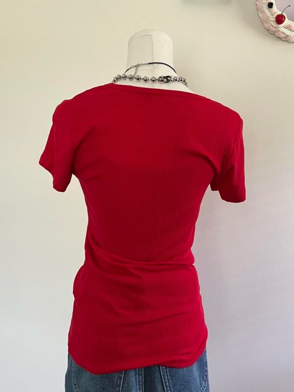 bebe Red Rhinestone Logo Ribbed Short Sleeve Tee - Picture 4 of 7